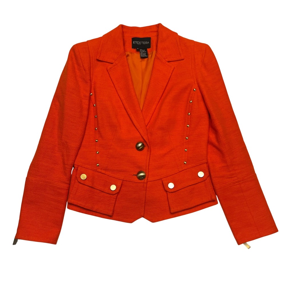Etcetera Orange Modern Contemporary Studded Cropped Cotton Linen Blazer Size 8